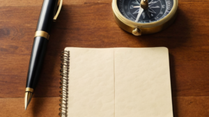 Caneta, bússola e caderno de anotações abertos sobre uma mesa de madeira.