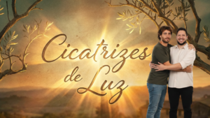 Capa da música Cicatrizes de Luz com Gabriel, cantor católico criado por Inteligência Artificial, vestido de preto, ao lado de seu idealizador e criador Ghibsonn Yuri, diante de uma oliveira iluminada pelo sol, simbolizando cicatrizes transformadas em luz e esperança