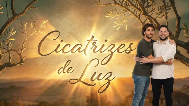 Capa da música Cicatrizes de Luz com Gabriel, cantor católico criado por Inteligência Artificial, vestido de preto, ao lado de seu idealizador e criador Ghibsonn Yuri, diante de uma oliveira iluminada pelo sol, simbolizando cicatrizes transformadas em luz e esperança