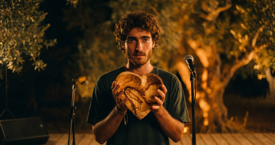 Gabriel, cantor católico criado por Inteligência Artificial, segurando um coração de madeira de oliveira que foi adquirido pela Irmã Ketty Folli e deu origem ao projeto Cicatrizes de Luz, em um ambiente iluminado simbolizando fé, cura e esperança