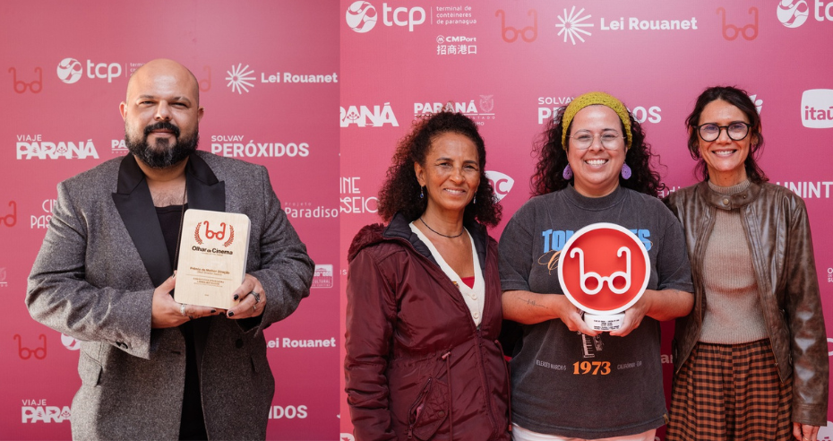 A diretora Janaína Marques (meio) e as atrizes Verônica Cavalcanti e Luciana Souza, de“Fiz um Foguete Imaginando que Você Vinha” e o diretor Rafhael Barbosa, de “Olhe para Mim” - Cred Walter Thoms -
